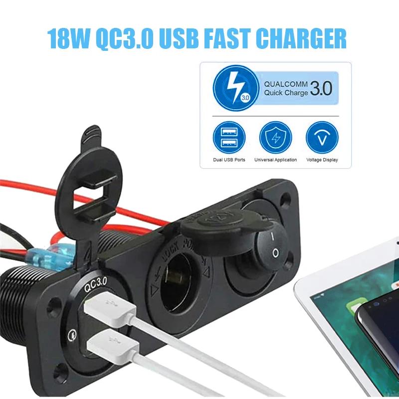 Prise allume-cigare 12V 3 en 1, étanche, double panneau de sortie USB QC3.0 pour voiture, RV, bateau