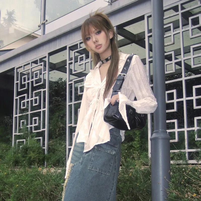 Chemise plissée à col en V Fairycore, chemisier à lacets, esthétique, Trash, style japonais irréguli