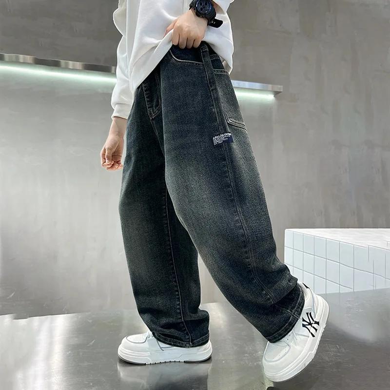 Jean denim adolescents printemps 2026 - Pantalon droit poches lettres garçons 4-14 ans décontracté