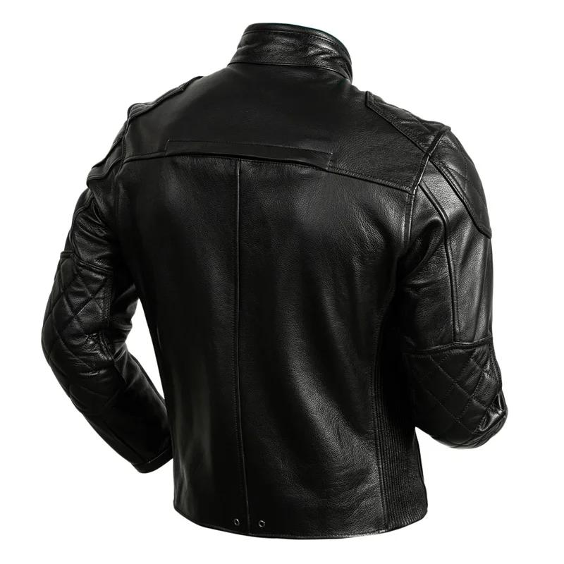 Veste en cuir de vachette couche supérieure pour hommes, col montant noir, manteau court en cuir vér