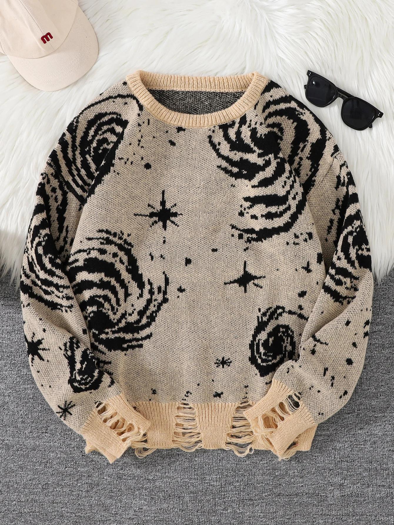 Nouveau Style de rue à la mode déchiré abstrait ciel étoilé motif pull déchiré pull décontracté col 