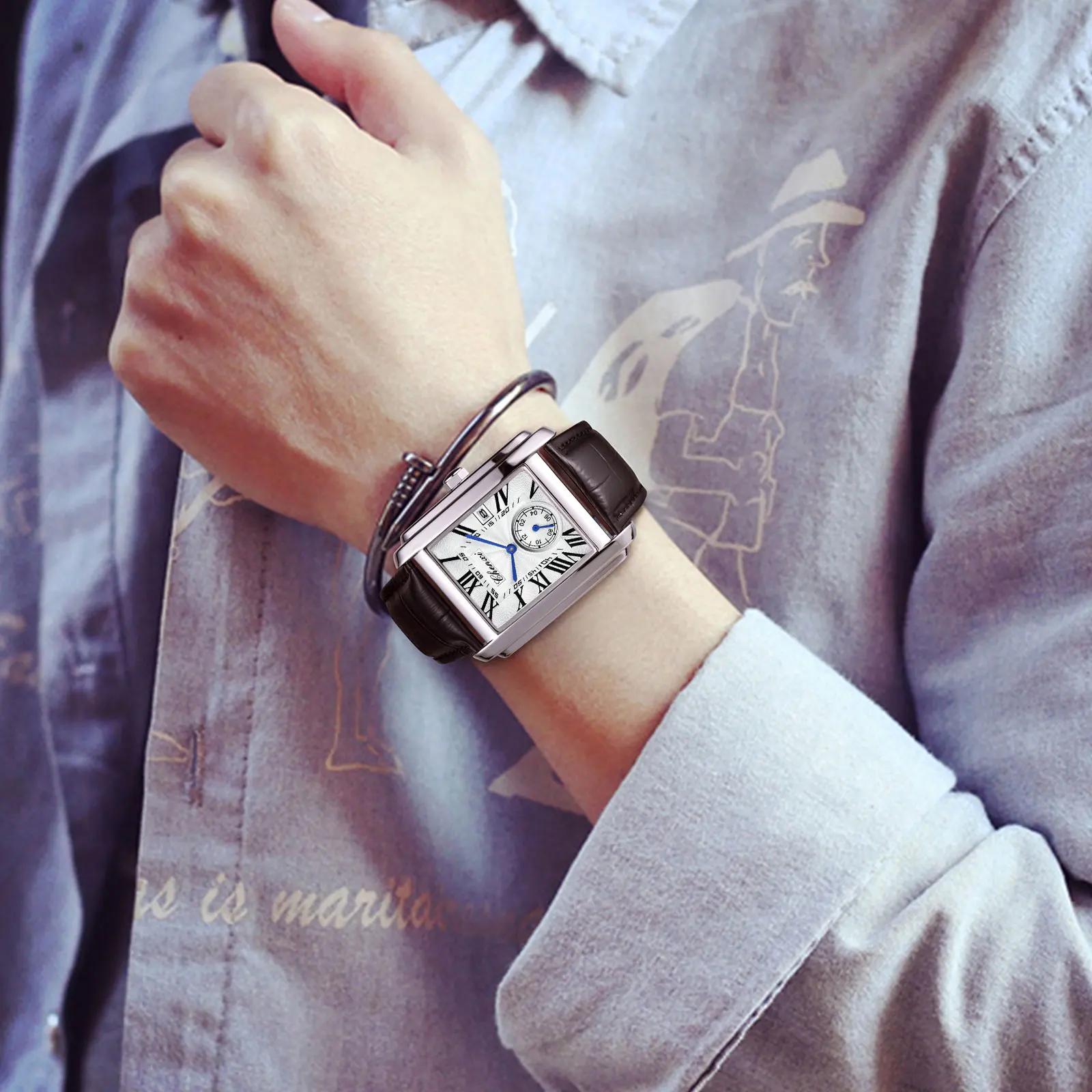 Chenxi-Montre de dehors Rectangulaire en Cuir group pour Homme, Horloge Élégante à Quartz, Étanche, 