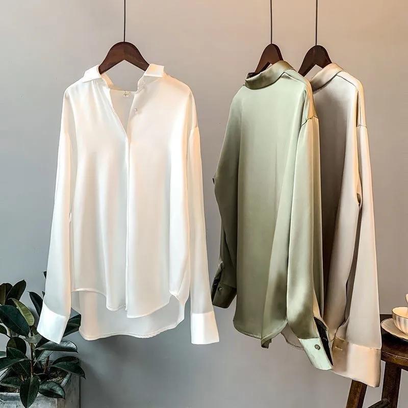 Soie coréenne bureau dames chemise élégante Blouse femmes mode boutonné chemise en Satin Vintage bla