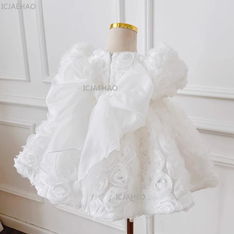 Robe de princesse blanche 2026 pour enfants, à manches courtes bouffantes, motif floral 3D, pour fêt