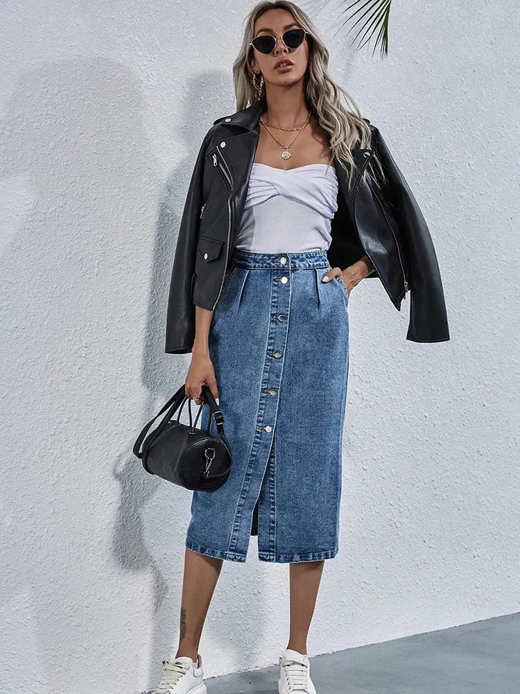 Benuynffy-Jupe en jean droite à boutonnage simple pour femme, longueur au genou, streetwear décontra