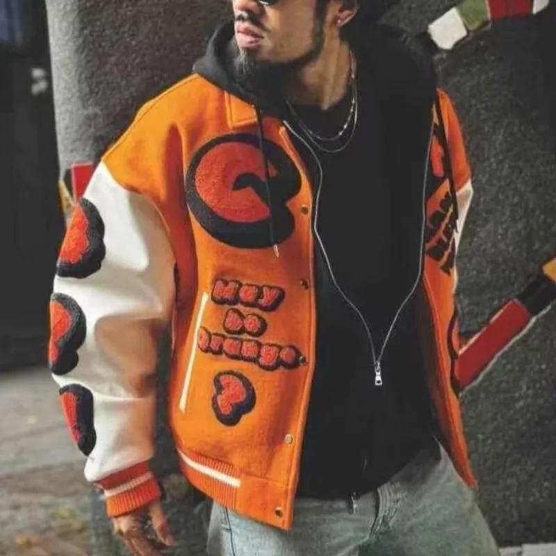 Veste de baseball streetwear pour homme avec manches en cuir PU et broderies, idéale pour le printem