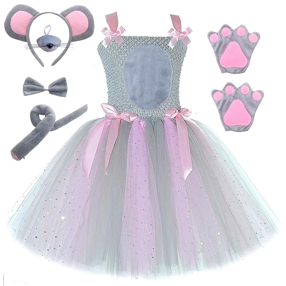 Costumes de souris rose gris scintillant pour bébés filles, robe Tutu de Rat gris pour enfants, tenu