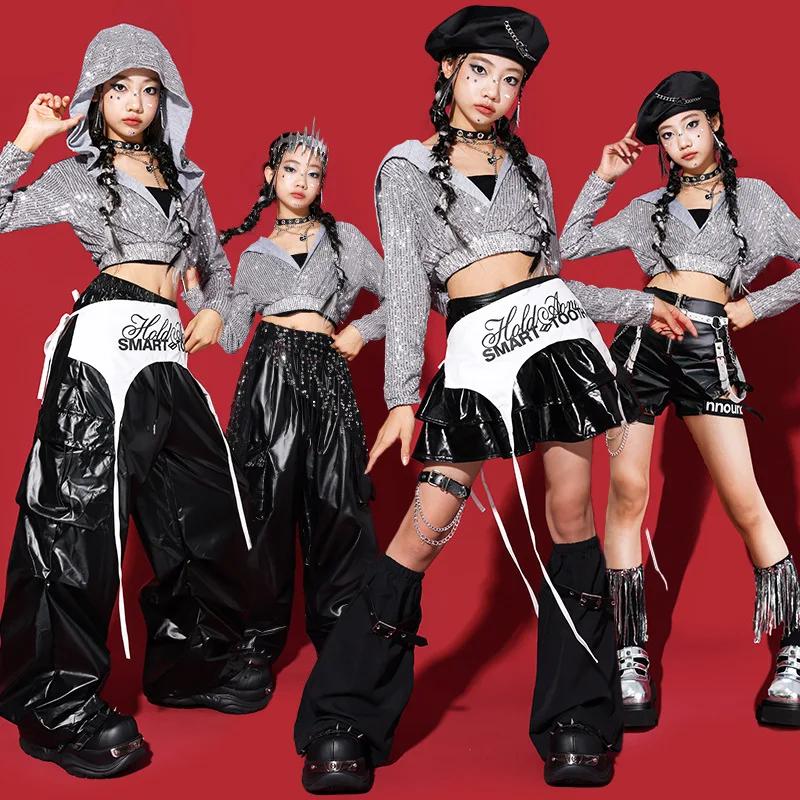 Ensembles de vêtements pour filles K-pop, sweats à capuche argentés et noirs à paillettes, shorts de