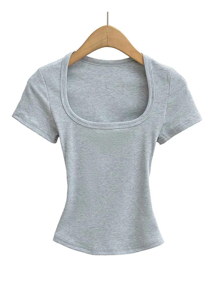 Haut court d'été à col carré pour femmes, haute élasticité, manches courtes, sexy, coupe cintrée, pu