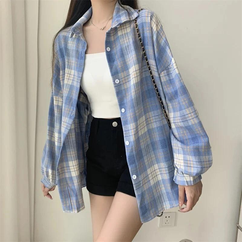 Chemise à carreaux femmes automne à manches longues haut femme simple boutonnage Blouse dames Style 
