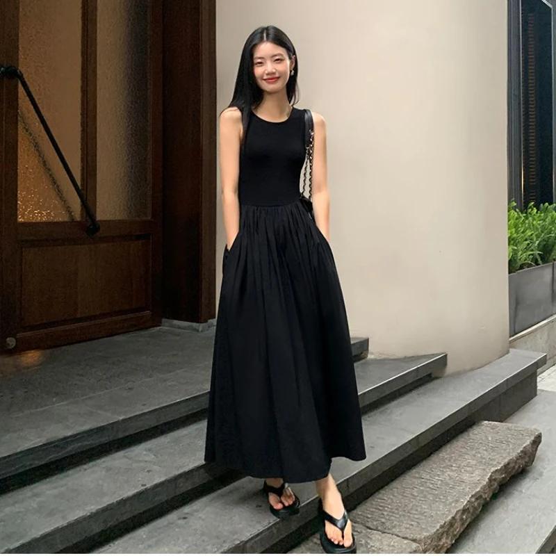 Robe mi-longue noire vintage pour femmes, style de vacances, col rond, poches décontractées, vêtemen
