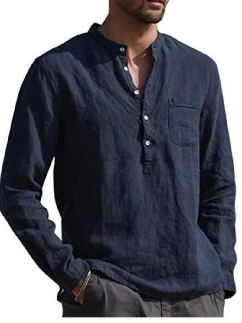 Chemise à manches longues en lin pour hommes, col montant, bouton sur le devant, poche simple sur la