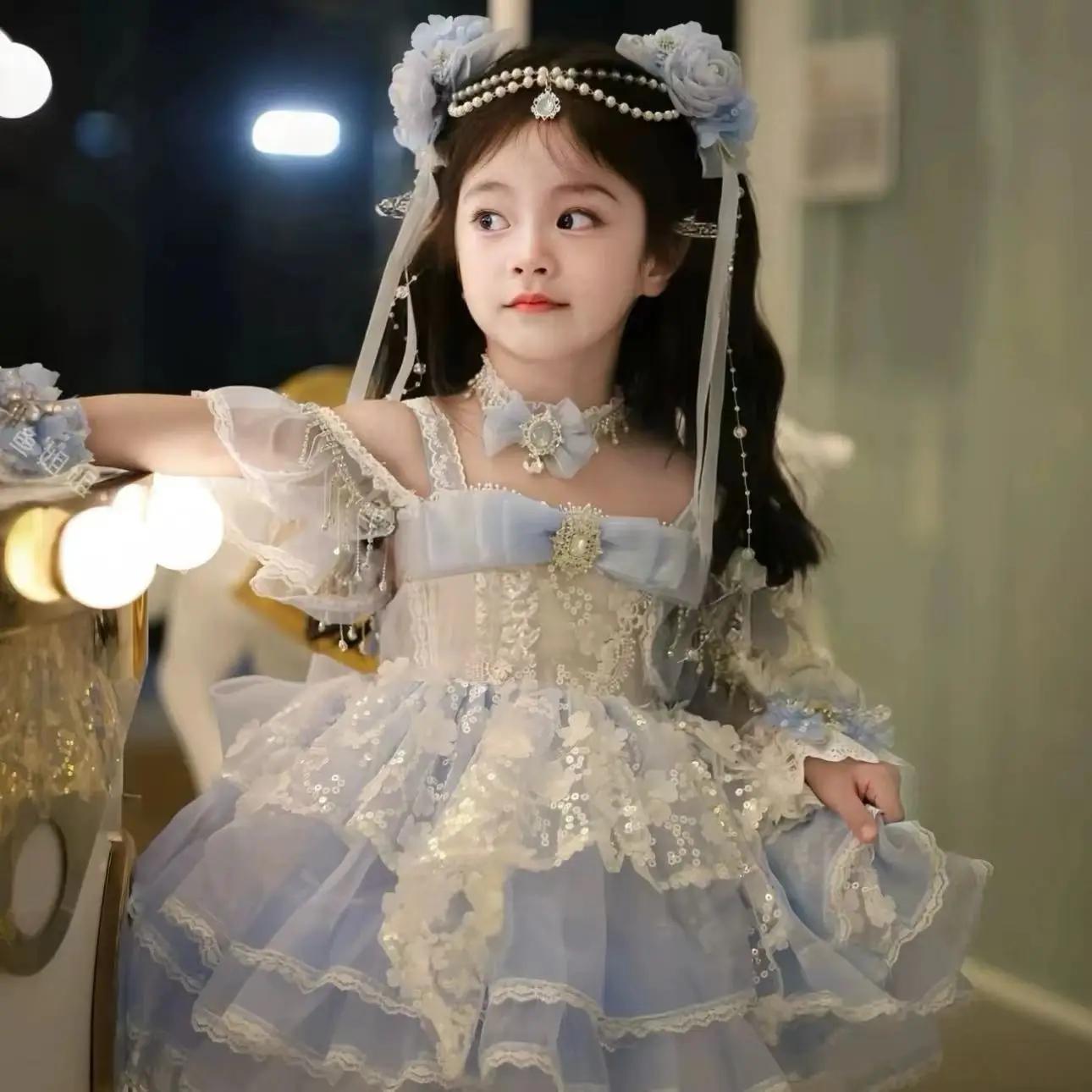 Robe d'été en dentelle pour petites filles, avec nœud bleu, brillante, princesse, robe de bal, gâtea