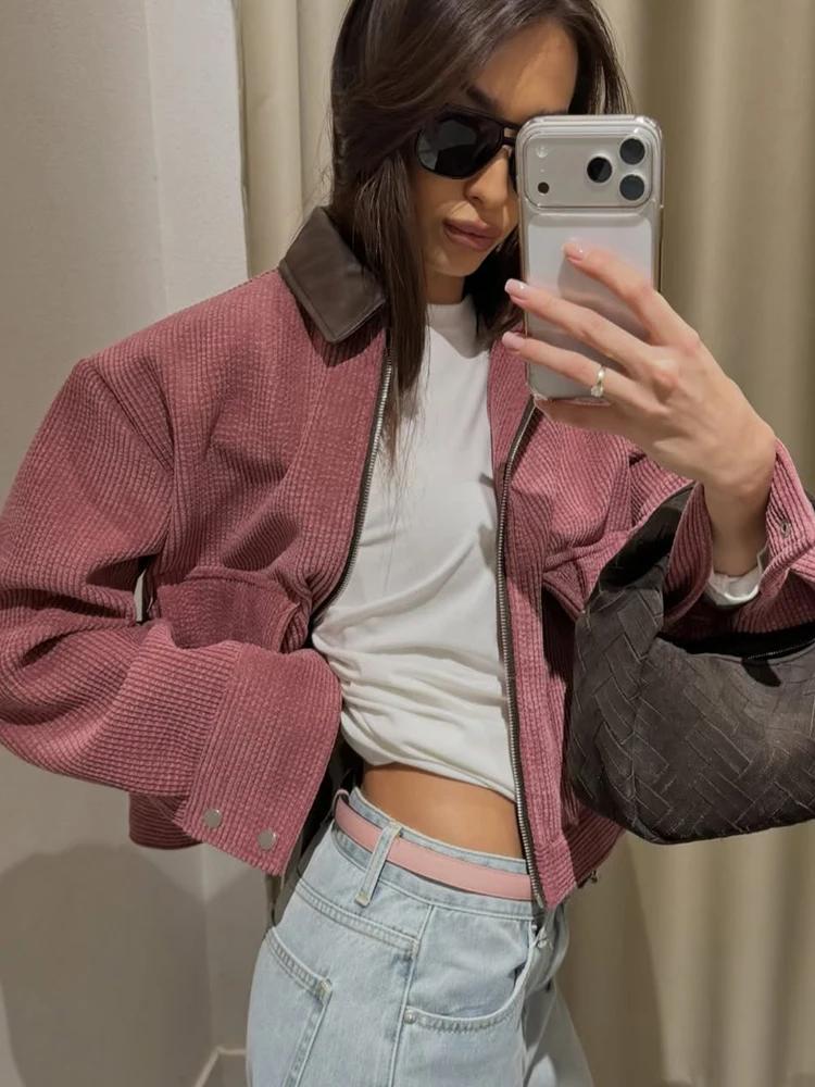 Veste décontractée rose SLTNX pour femme, coupe ample, style streetwear, avec fermeture éclair et po