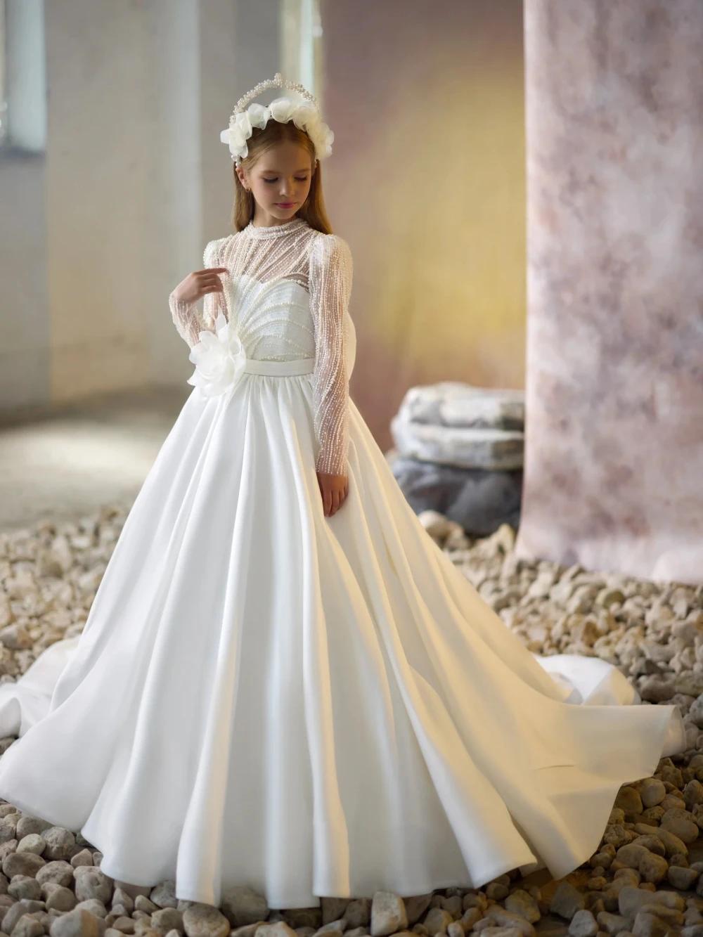 Robe de princesse longue en Satin pour filles, tenue de princesse à paillettes et perles, avec fleur