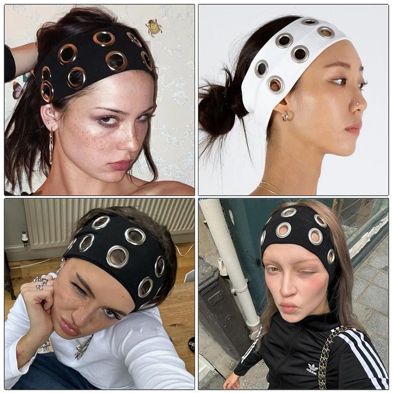 AWAYTR Punk fille tissu creux élastique bandeaux métal Rock personnalisé creux oeillets bandeau de c
