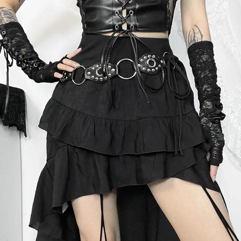 Goth foncé Kawaii noir jupes à plusieurs niveaux 90S rétro ourlet irrégulier bas de fête centre comm