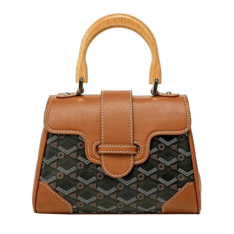 Sac Keli en cuir véritable avec manche en bois pour femmes, vieille fleur transfrontalière, nouveau 