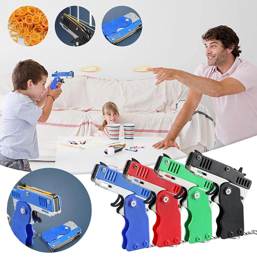 Jouet d'élastique en métal éclaté-Mini jouet de lanceur pliant avec porte-clés et 60 bandes de caout