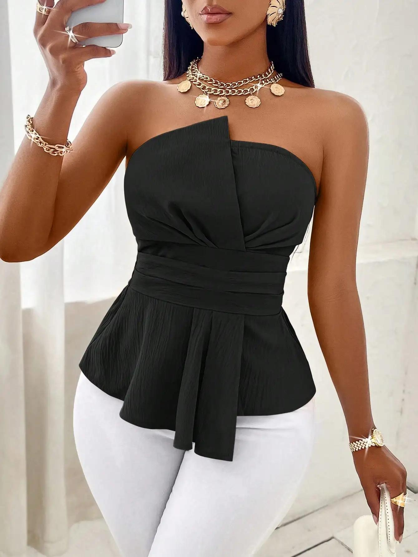 Haut sans bretelles pour femme, noir uni, coupe ajustée, style peplum, devant croisé, taille ceintur