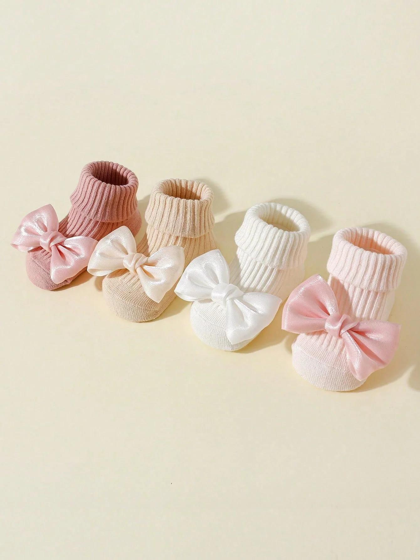 4 paires de chaussettes pour tout-petits avec nœuds, chaussettes mignonnes en coton doux pour bébés 