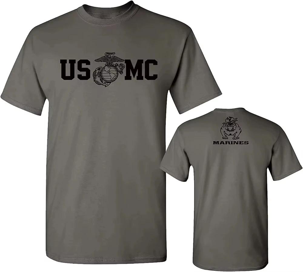 T-Shirt militaire USMC en coton à col rond pour hommes, T-Shirt militaire USMC Bull Dog USMC, manche