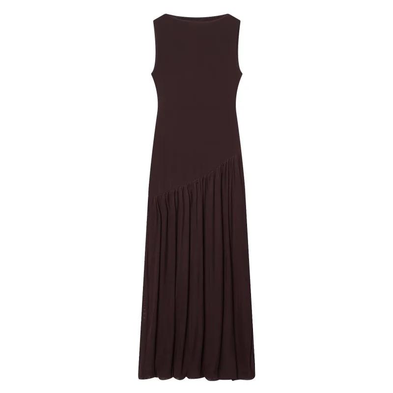 Robe mi-longue plissée marron sans manches à col montant pour femme ETJ, coupe fluide, style minimal
