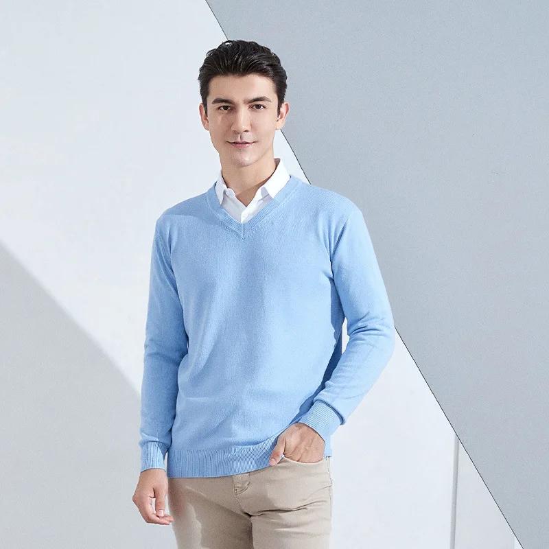 Cachemire coton mélange classique col en v tricoté pull hommes pull 2024 automne hiver doux chaud af