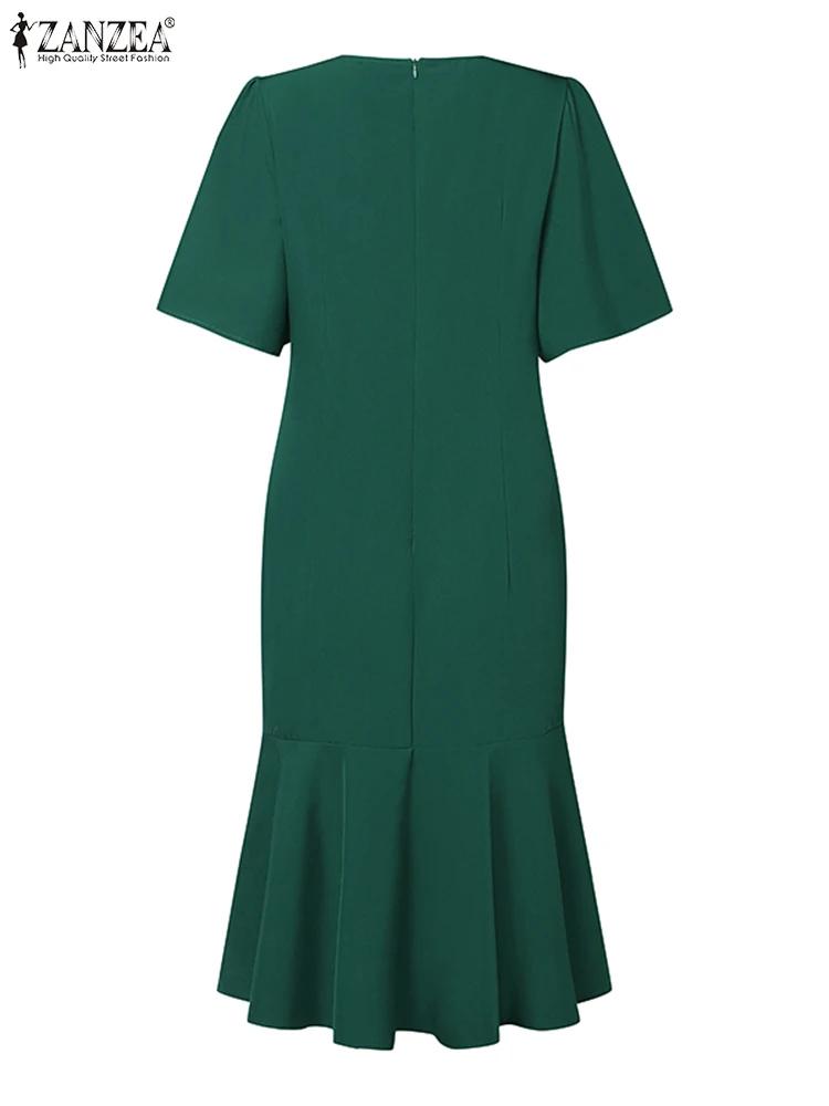 ZANZEA – Robe sirène élégante pour femmes, mode, manches courtes, col rond, ourlet à volants, ajusté