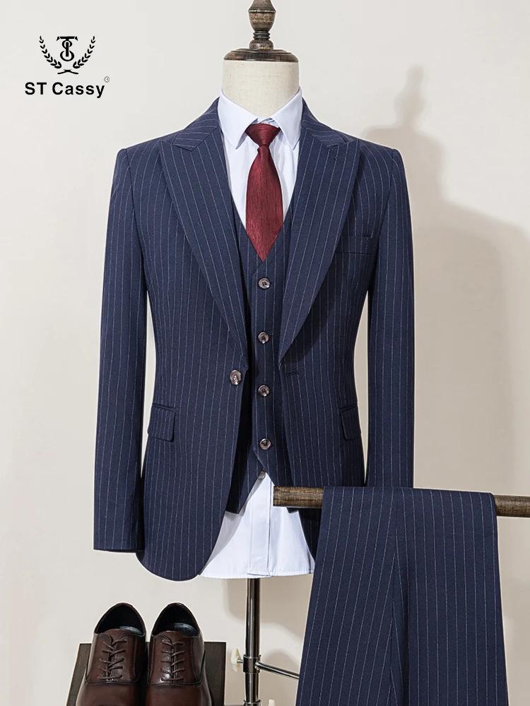 Costume trois pièces rayé ST Cassy pour homme, coupe slim, luxueux et élégant, costume d'affaires po
