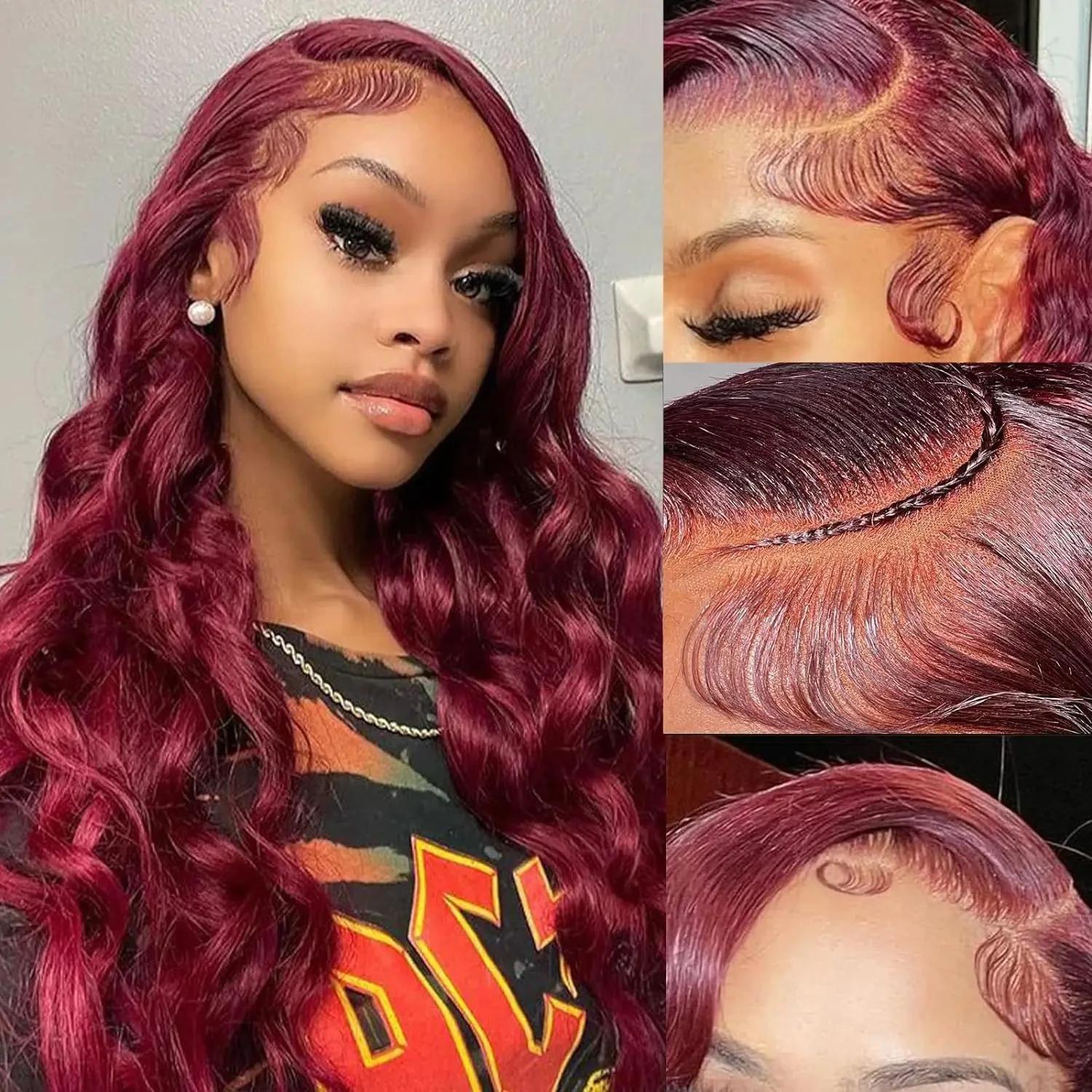 Perruque Lace Front Wig Body Wave Brésilienne Naturelle, Cheveux Humains, Rouge Bordeaux 99J, 13x4, 