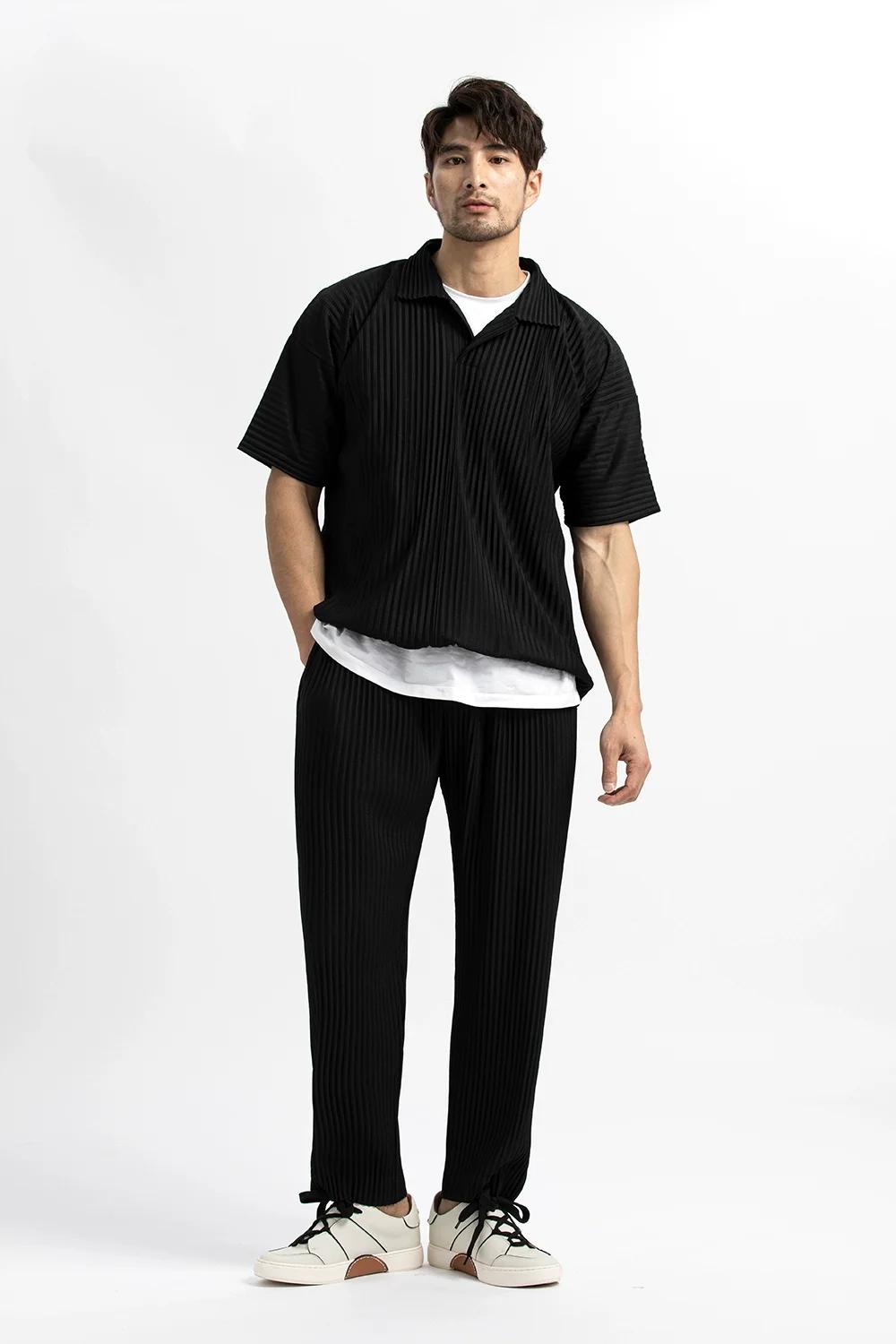 Miyake plissé hommes Polo à manches courtes revers t-shirt respirant ample décontracté plaine haut M