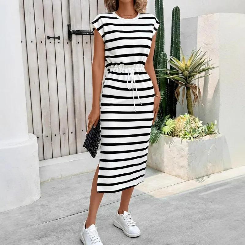 Robe décontractée à rayures noires et blanches pour femmes, col rond, robe blanche, robe d'été