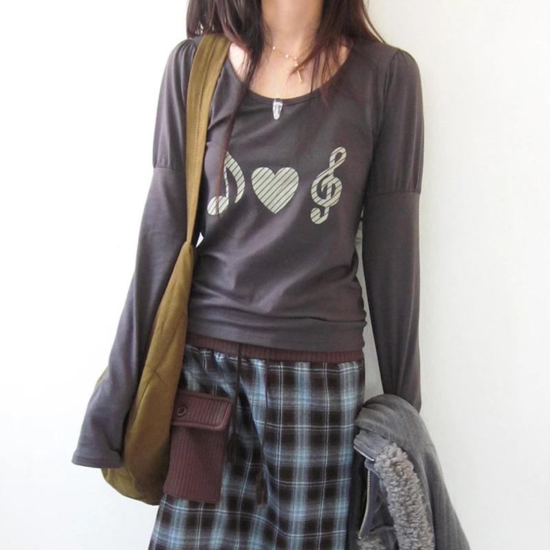 T-shirt Karrram japonais Y2k à imprimé cœur, vintage Harajuku, manches longues, gris, style coréen d