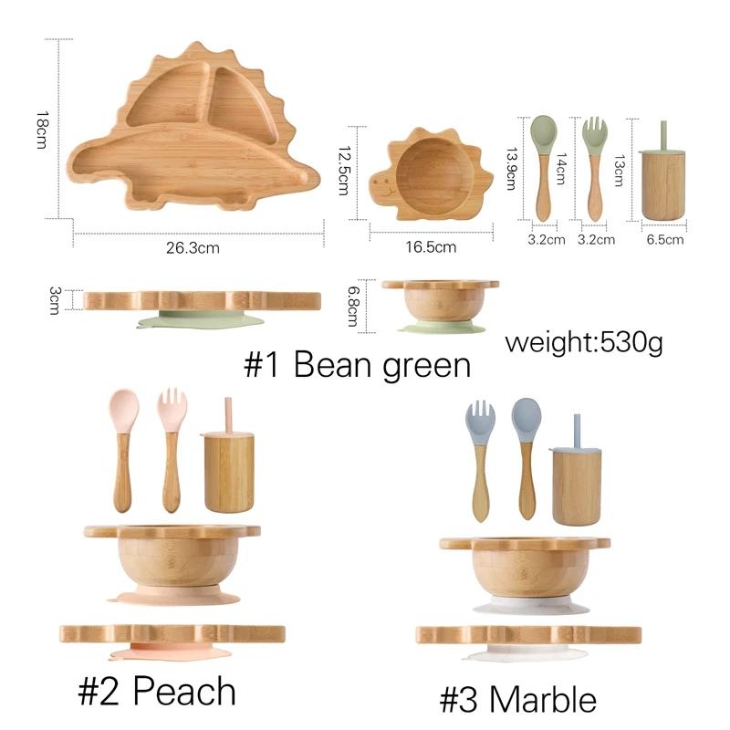 Filles d'Alimentation en Bois de Bambou avec Ventouse en Silicone pour Bébé, Dinosaure de Dessin Ani