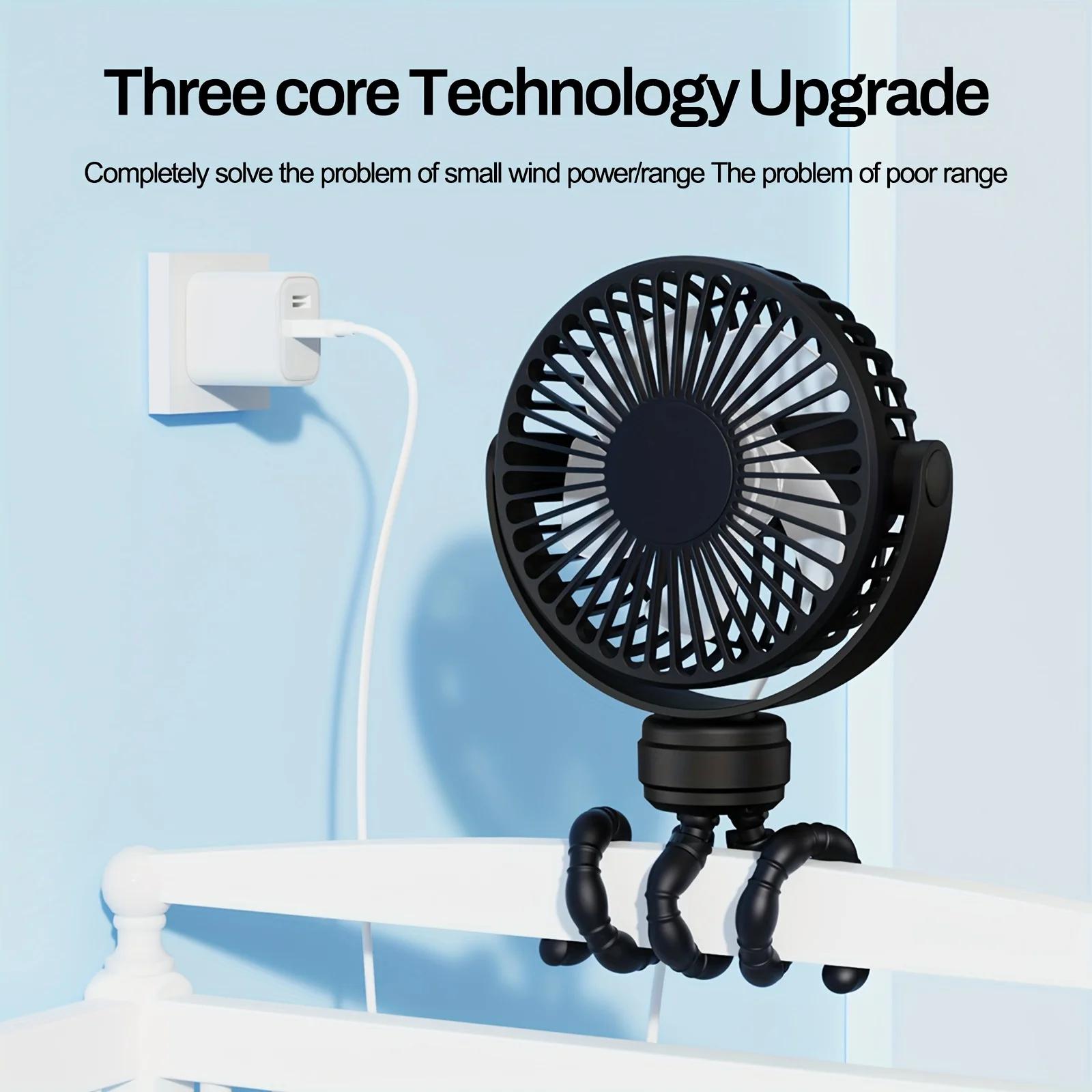 Mini ventilateur portable flexible sur trépied, rechargeable, 3 vitesses, pour poussette, avec rotat