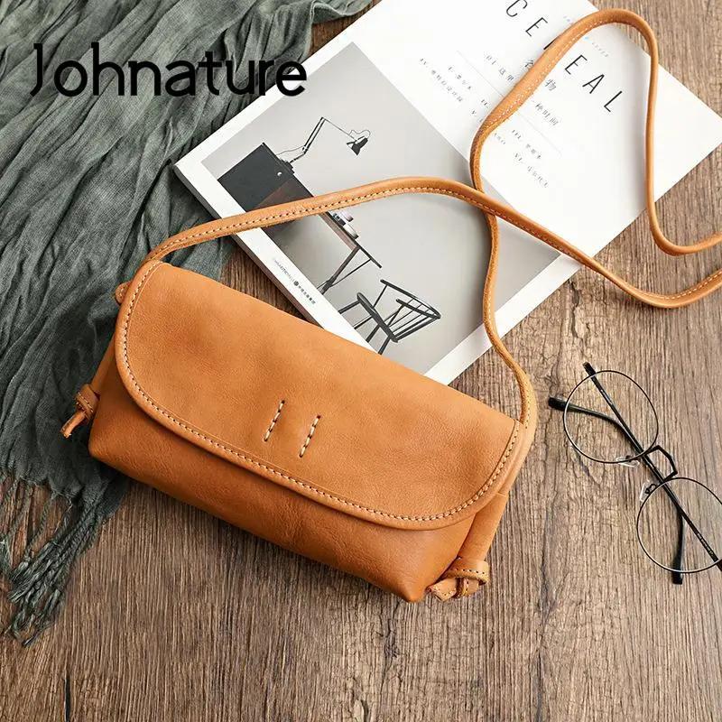 Sac à main pour femme en cuir de vache souple rétro fait à la main par Johnature, nouveau modèle 202