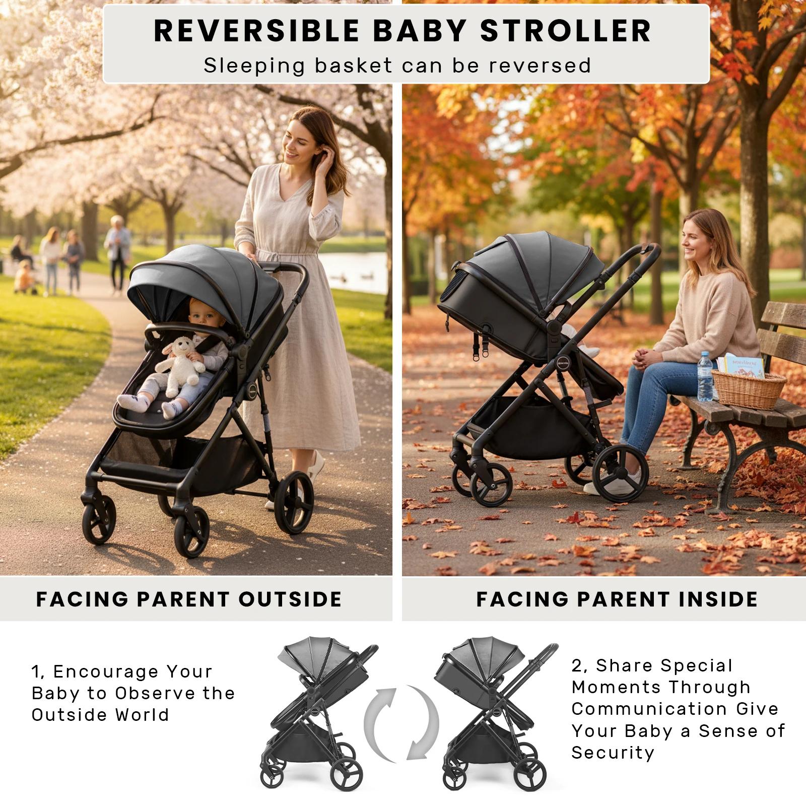 Poussette pour bébé 2 en 1, landau pliable avec siège réversible, auvent réglable, panier de rangeme