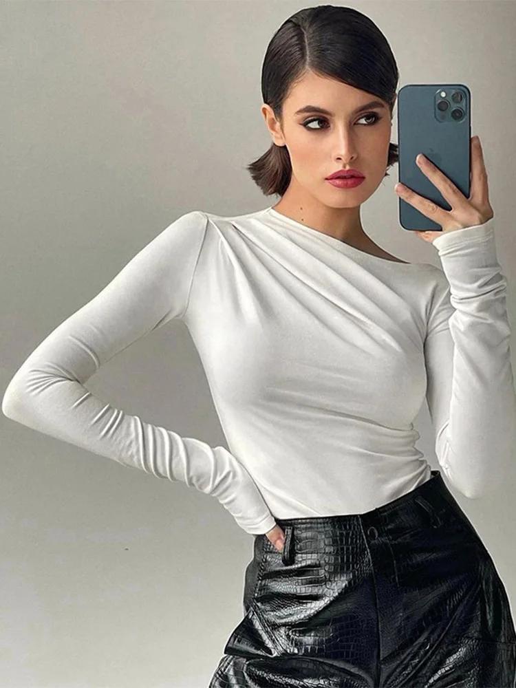 Haut à manches longues blanc T-Shirts femmes basique haut court automne Pollover solide col incliné 