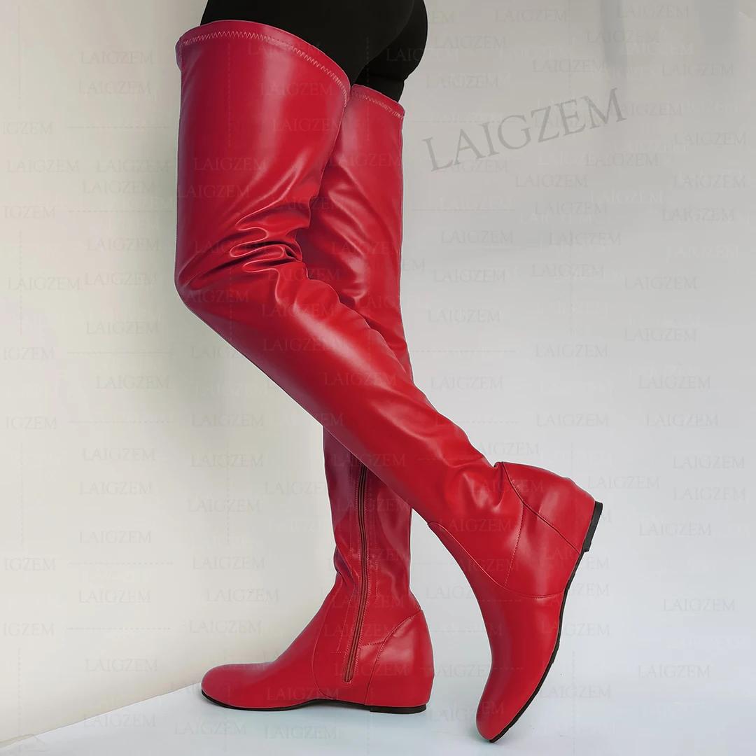 LAIGZEM femmes cuissardes en Faux cuir bout rond fermeture éclair latérale mi talons cachés bottes d