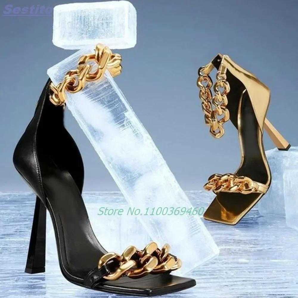Sandales à talons aiguilles en métal avec chaîne épaisse, bout carré, fermeture éclair arrière, brid