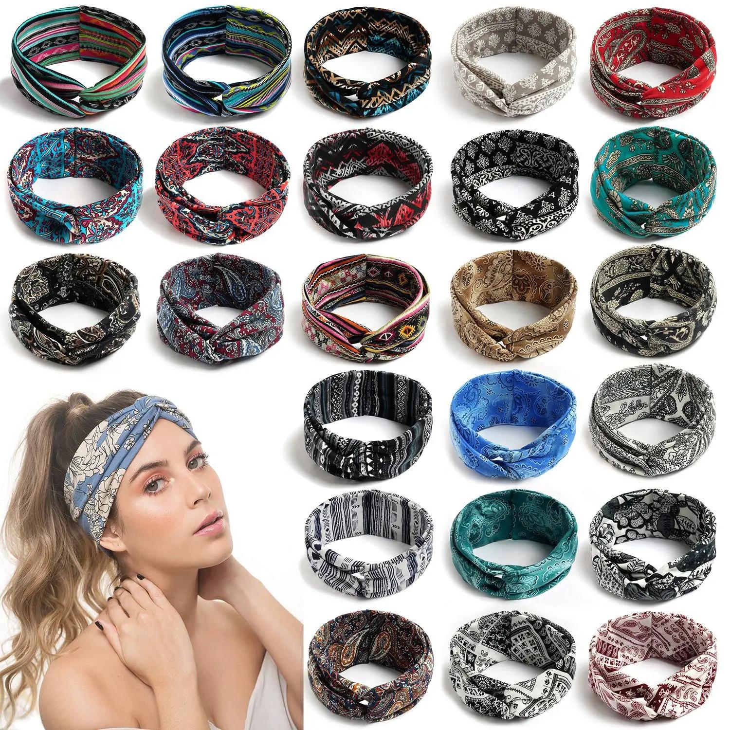 Mode bohème bandes de cheveux imprimer femmes filles bandeaux Vintage croix Turban pansement Bandana