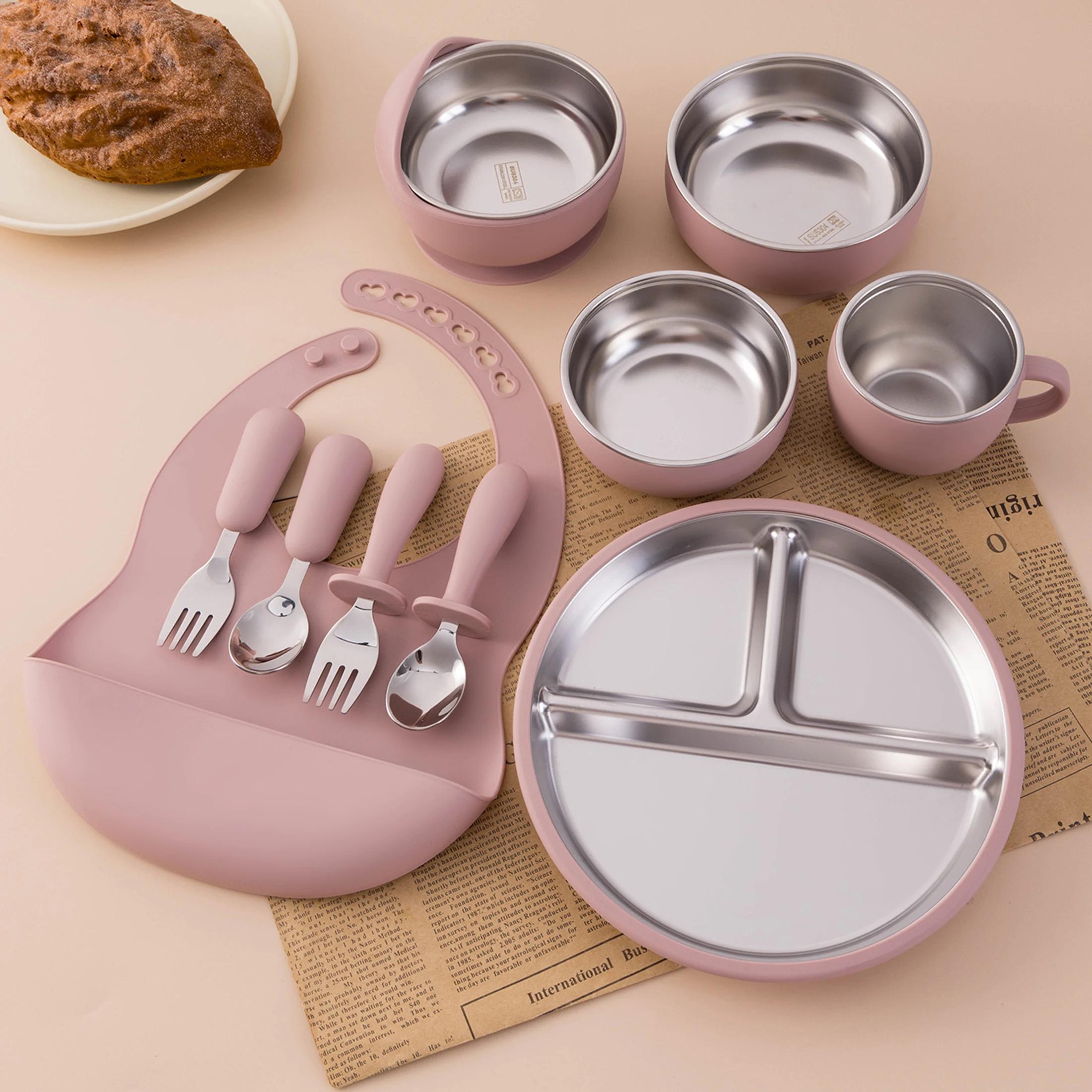 Ensemble d'alimentation pour enfants, 10 pièces, vaisselle en acier inoxydable et Silicone avec bol 