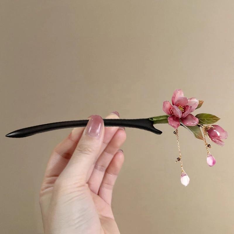 Épingle à cheveux florale de Style chinois, pompon de fleur rose, accessoire de cheveux élégant Hanf