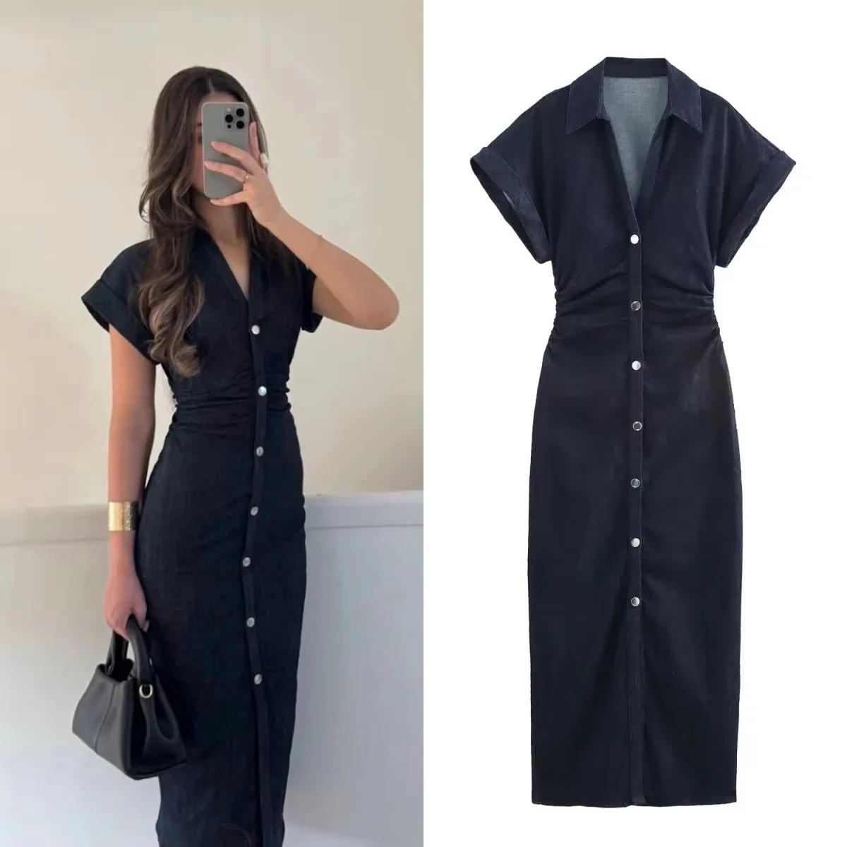 Printemps nouvelle série 1975 denim robe MIDI avec revers côté fermeture éclair mode rides taille mi