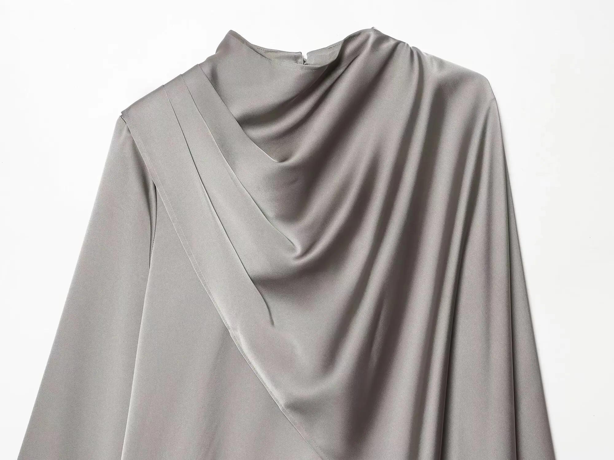 ETJ 2026 printemps nouveau femmes élégant mode châle design satin drapé haut asymétrique froissé che