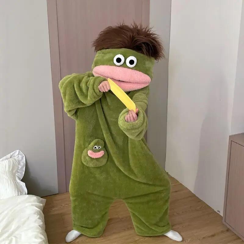 Pyjama de dessin animé automne-hiver pour couple, combinaison fantaisie à capuche monstre à bouche é