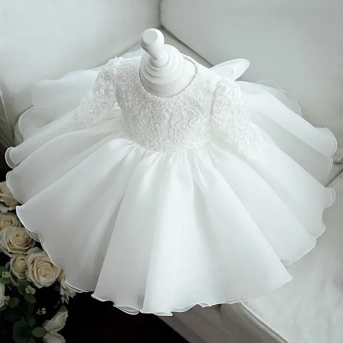 Robe blanche à sequins pour bébé fille, vêtements à manches longues, robe de baptême pour nouveau-né