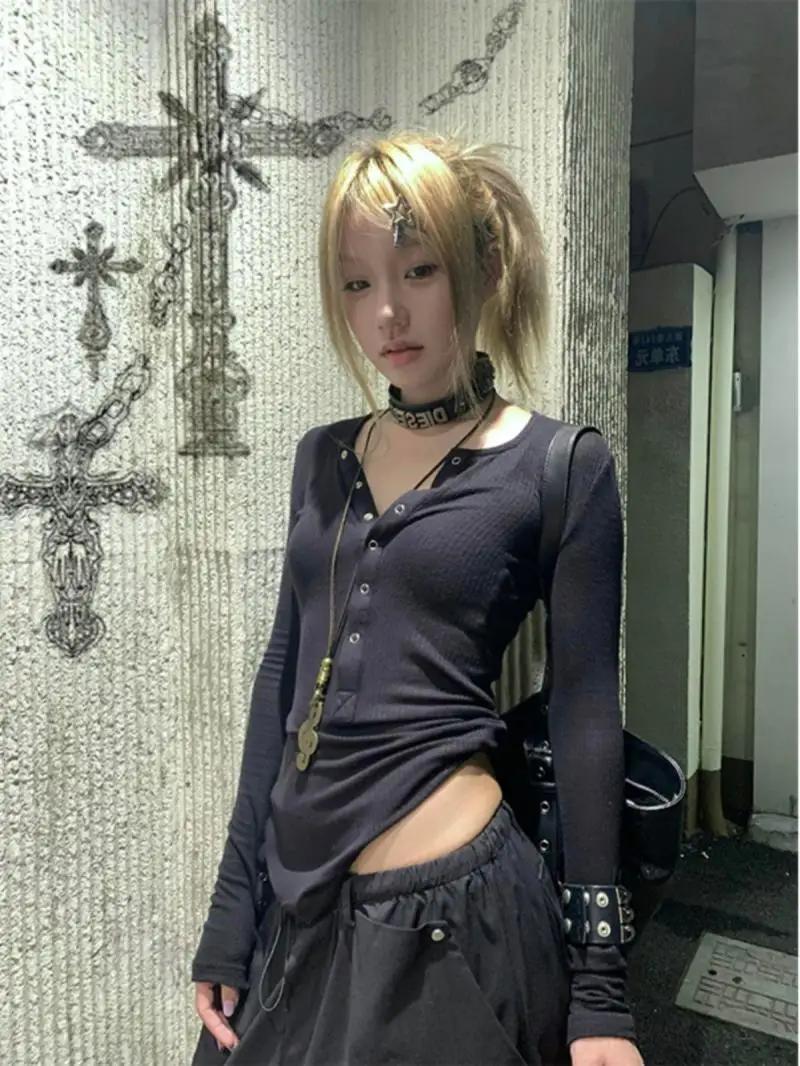 Tonngirls Y2k japonais t-shirt femmes dentelle à manches longues imprimé graphique hauts Streetwear 