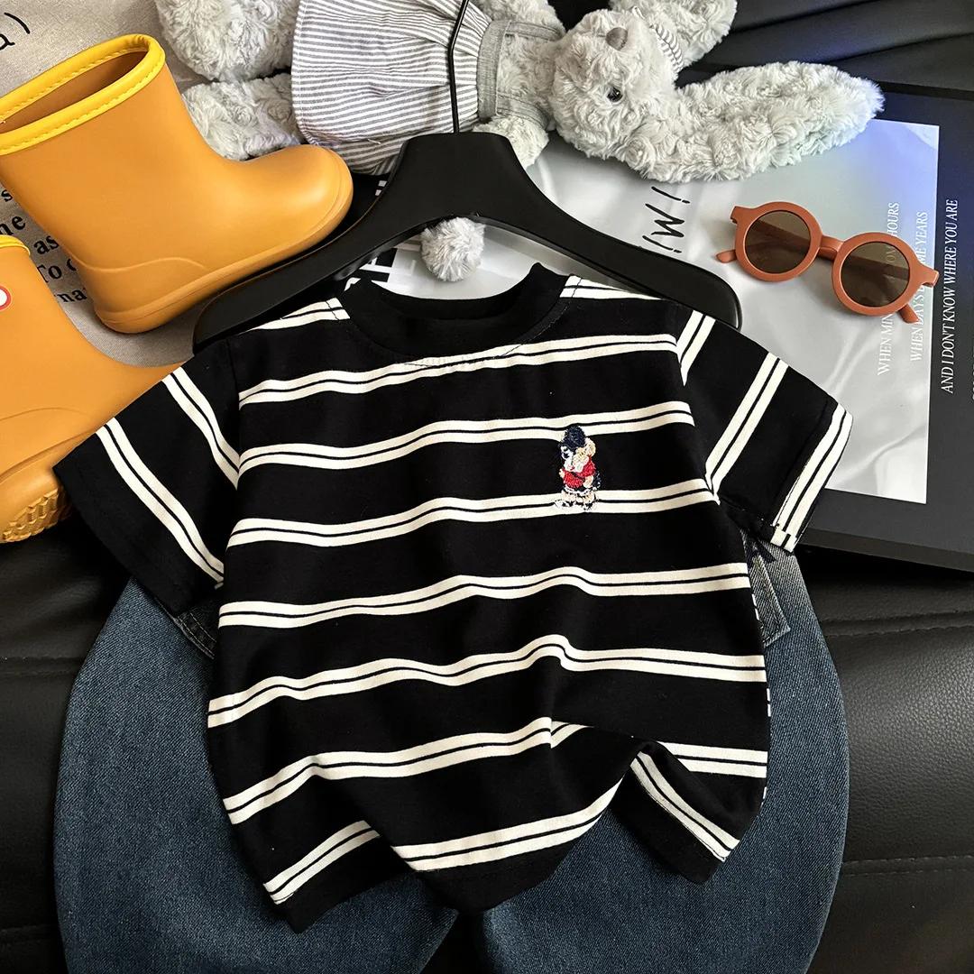 T-shirt d'été à manches courtes en coton pour enfants, à rayures, pour garçons et filles, hauts à la
